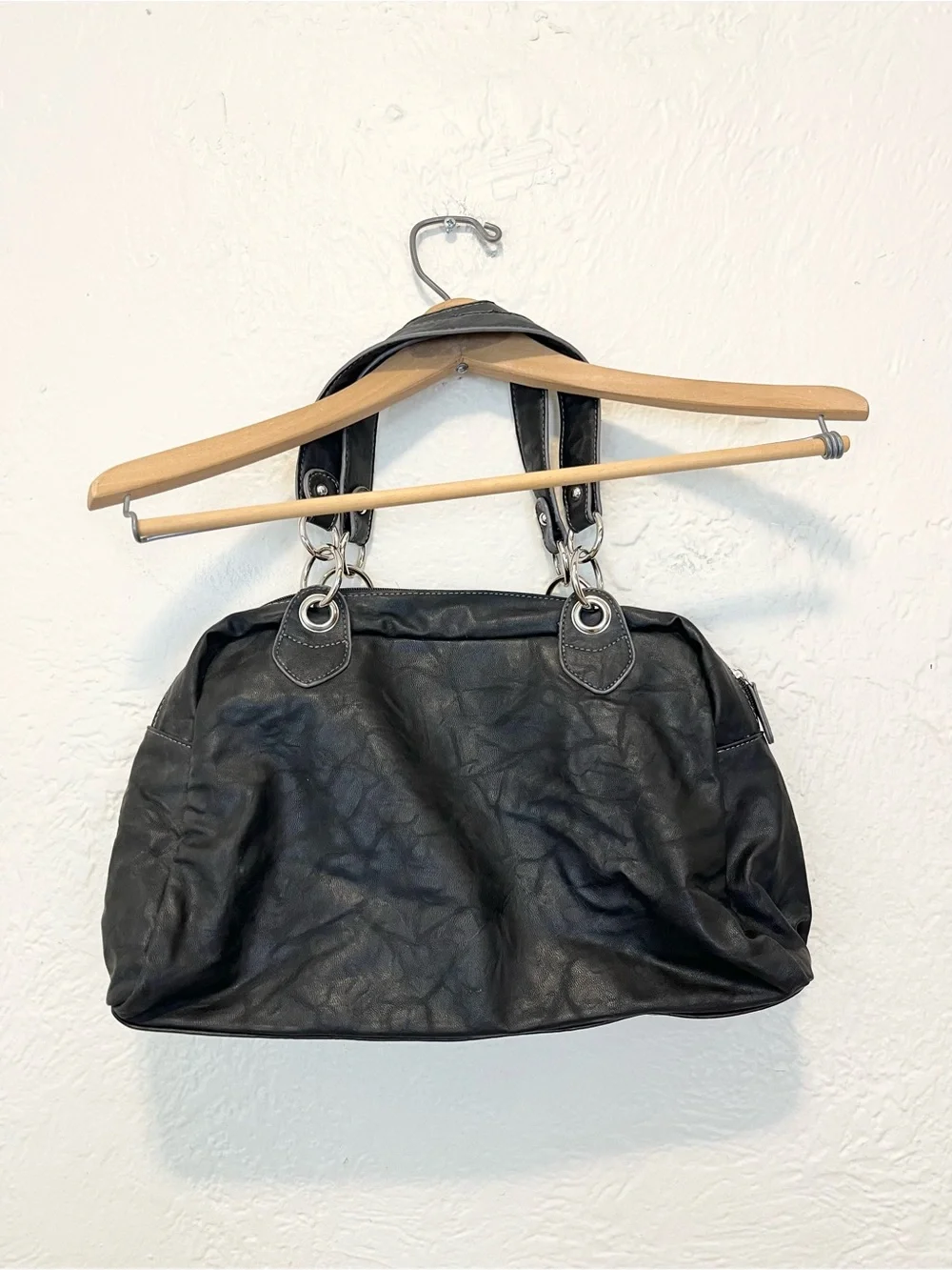 Vintage 90s Y2K Handbag Bag Black Faux Leather Hobo Ruffle XOXO